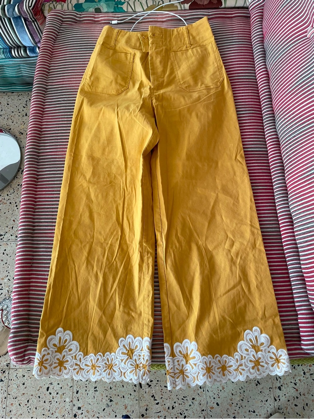 Maeve Yellow Wide-Leg Embroidered Hem Pants - Picture 3 of 5